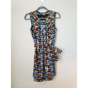 sleeveless metallic chiffon mini dress w/ tie belt